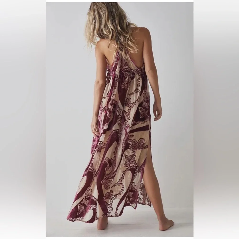 Free People Bali Butterfly Burnout Velvet Lace Trims Slip Maxi Dress